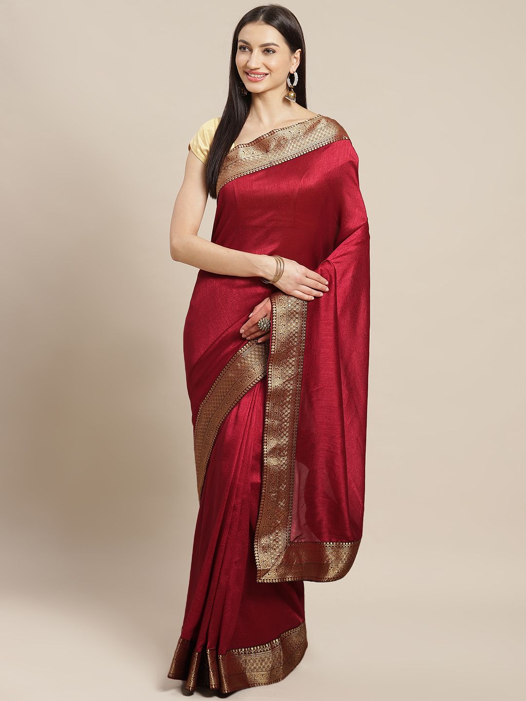 Mitera Maroon Zari Detail Solid Banarasi Saree Price in India