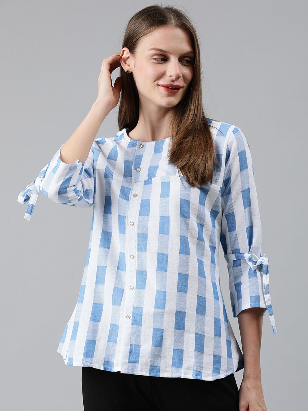 MIMOSA Women Blue & White Checked Top with Tie-Ups