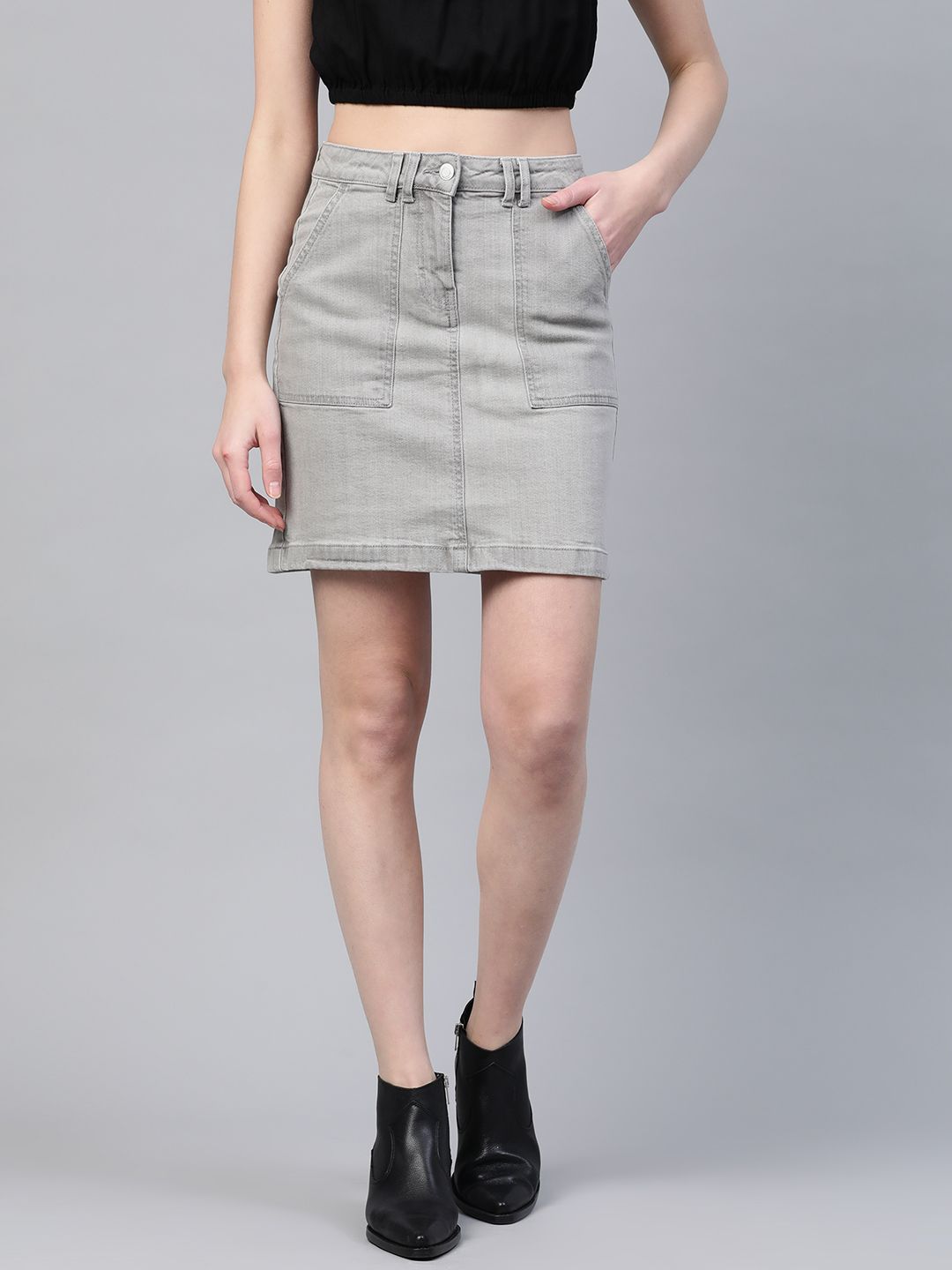 Marks & Spencer Women Grey Solid Denim A-Line Mini Skirt