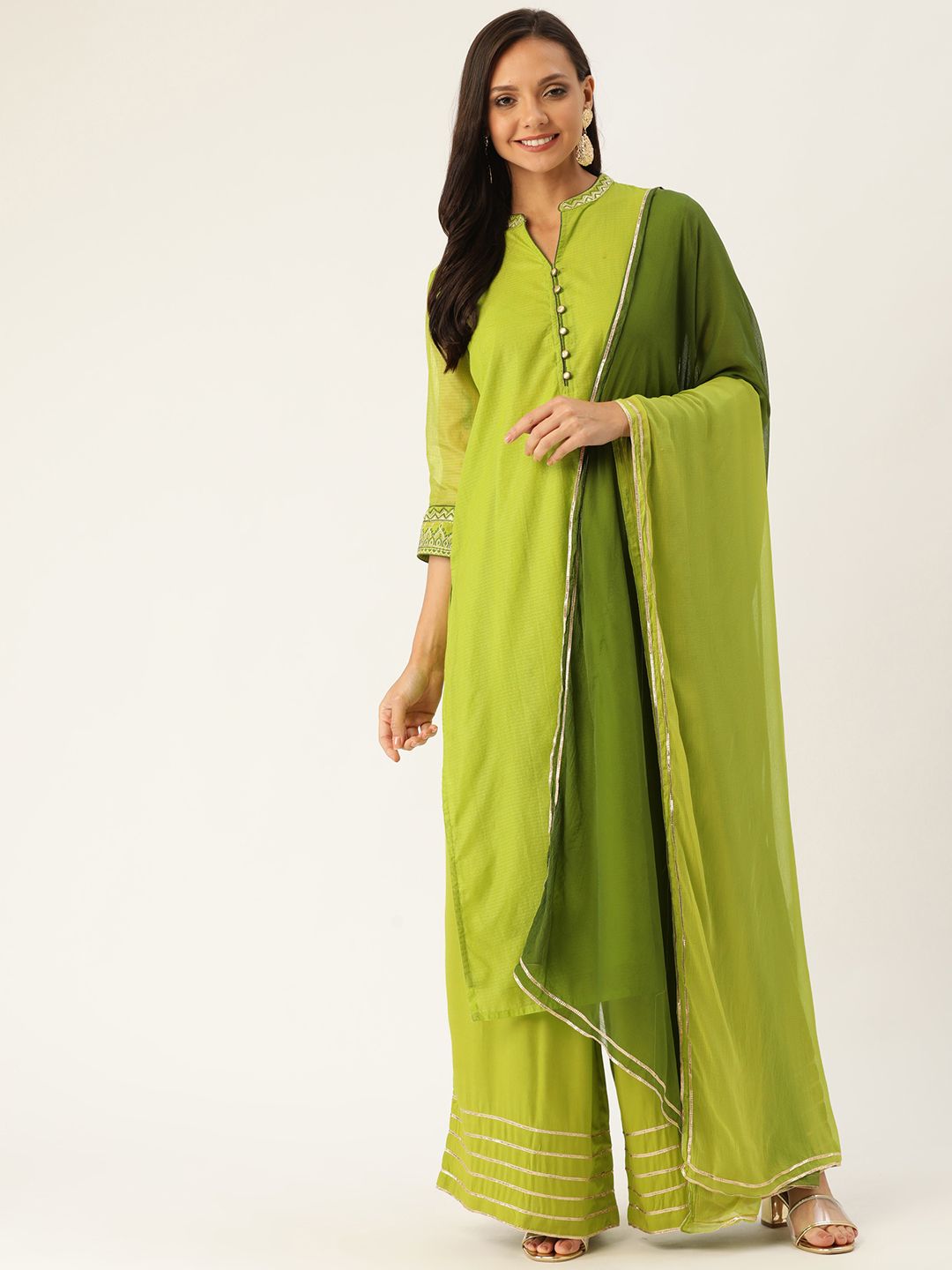 Jaipur Kurti Women Green Self Design Kurta with Palazzos & Dupatta Price in India