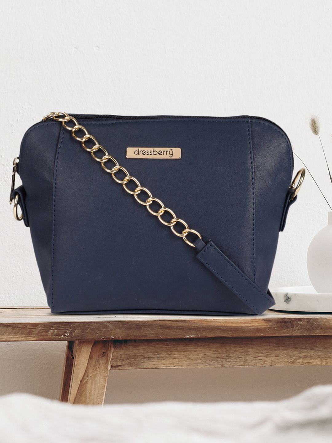 DressBerry Navy Blue Solid Sling Bag Price in India