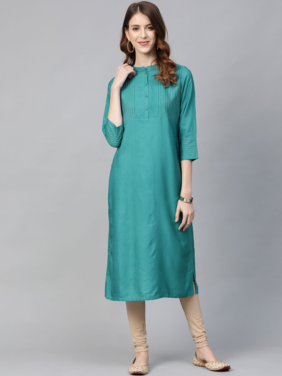 Fabindia Women Teal Blue Solid Pintuck Detail Straight Kurta