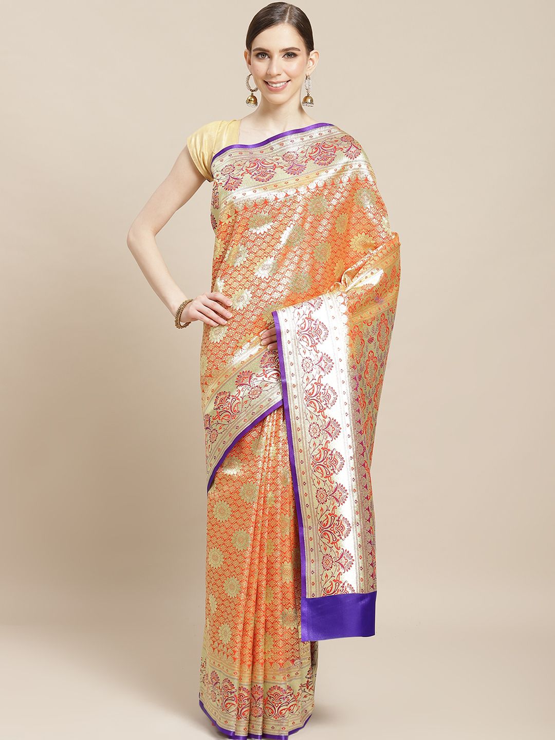 BANARASI SILK WORKS Golden & Orange Silk Woven Design Banarasi Saree