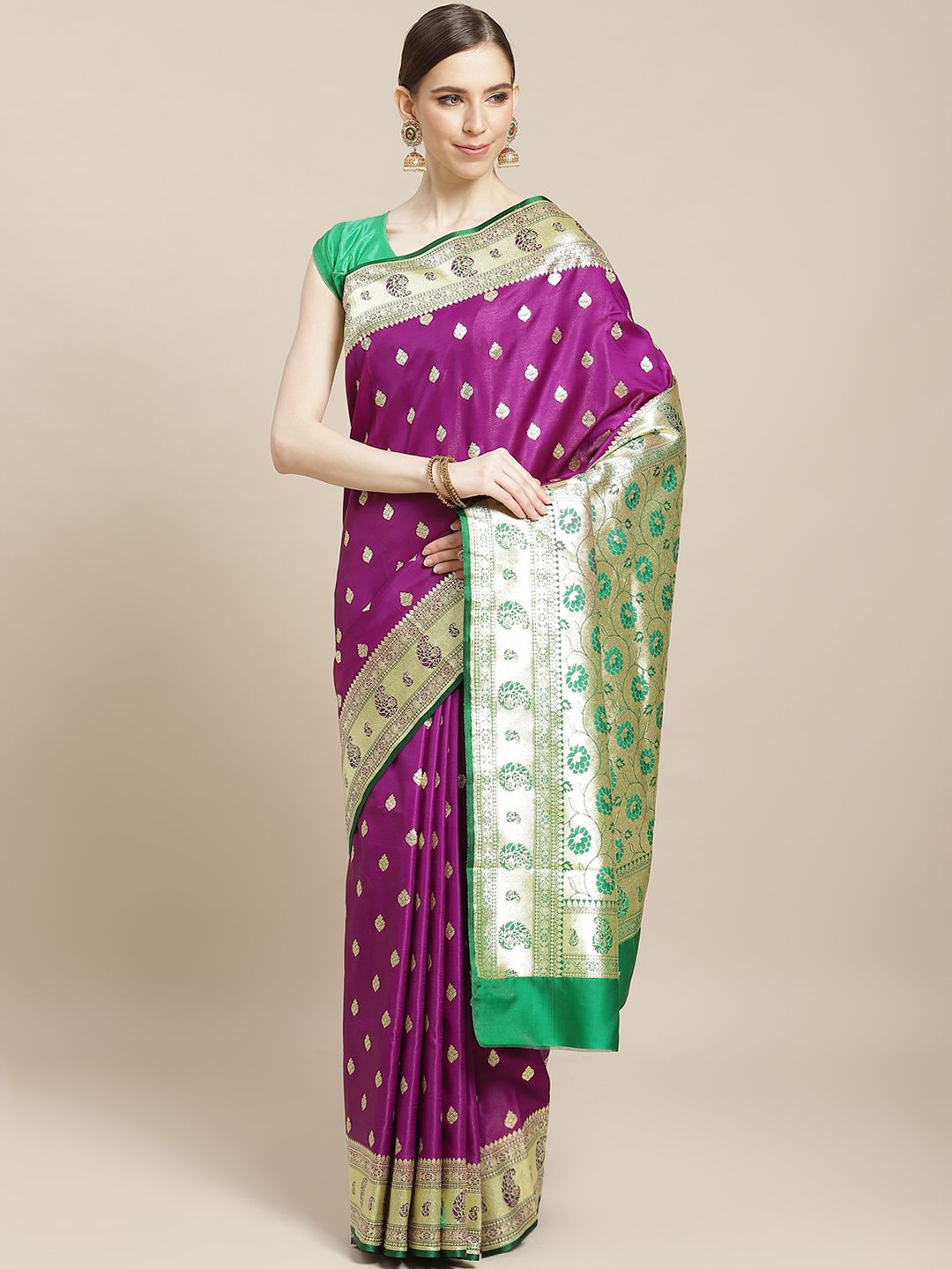 BANARASI SILK WORKS Purple & Golden Silk Woven Design Banarasi Saree