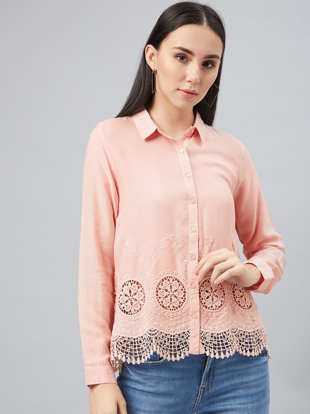 Carlton London Women Peach-Coloured Regular Fit Self Design Casual Shirt