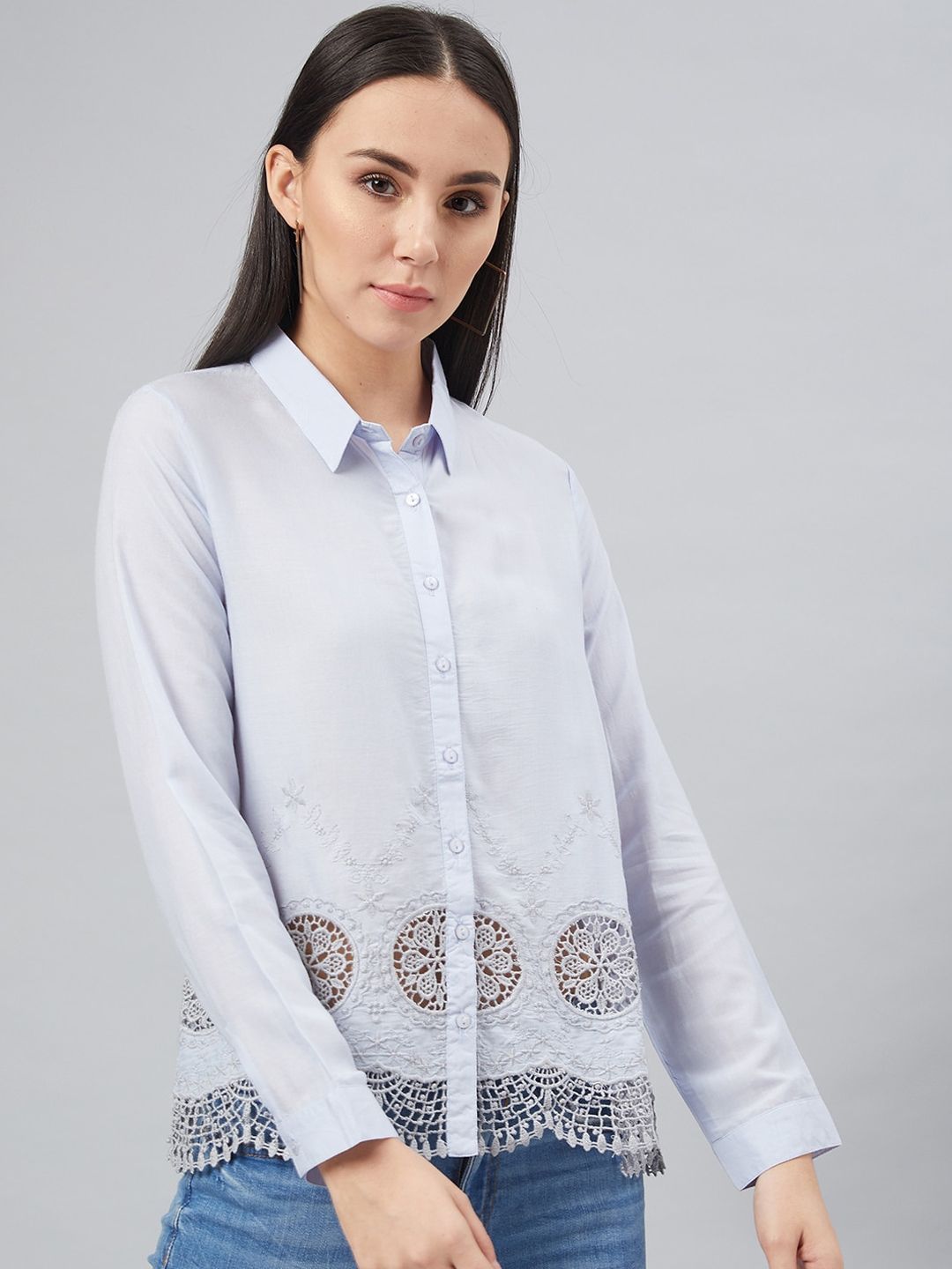 Carlton London Women Blue Regular Fit Self Design Casual Shirt