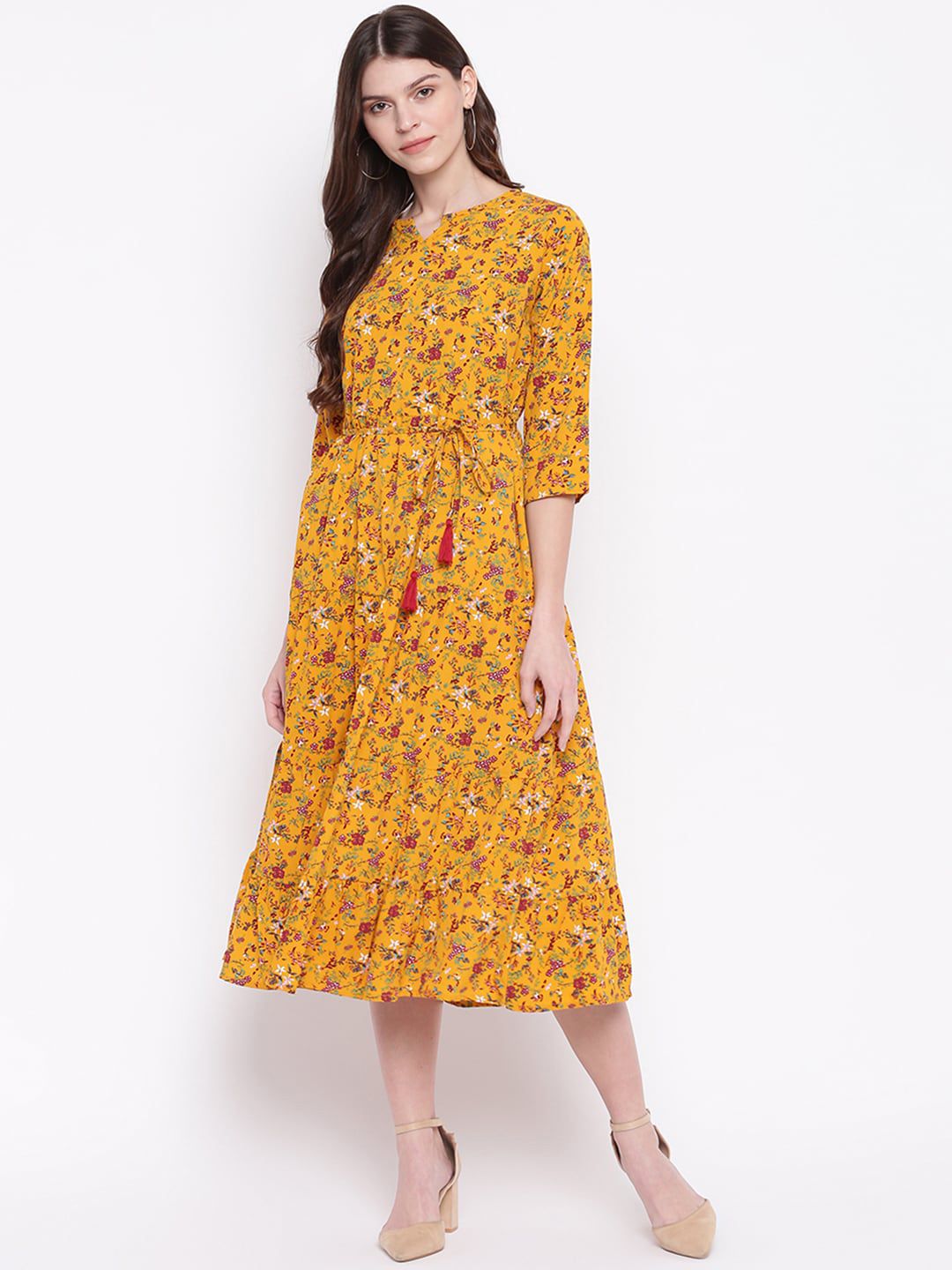 Mayra Women Yellow Printed Fit and Flare Dress