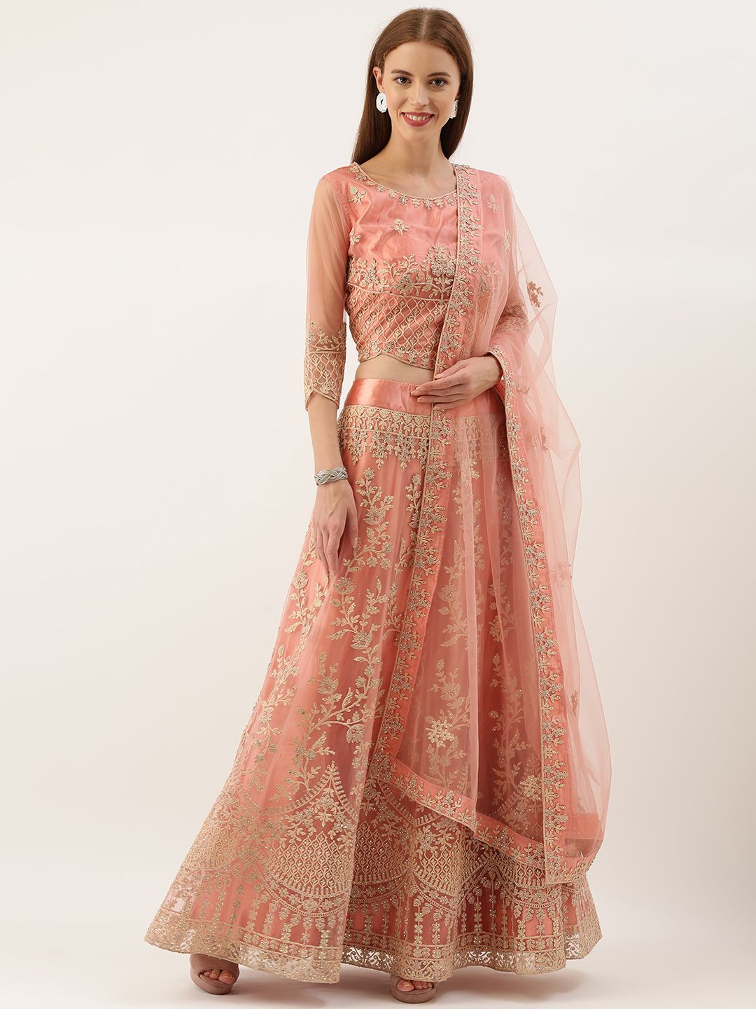 Kvsfab Peach-Coloured Embroidered Semi-Stitched Lehenga & Blouse with Dupatta