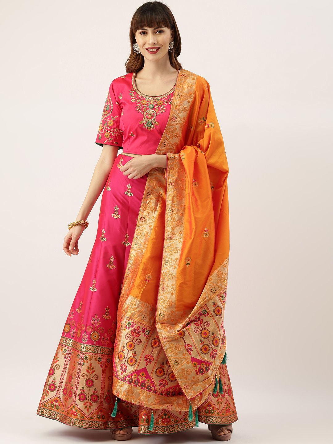 Kvsfab Pink & Orange Embroidered Semi-Stitched Lehenga & Unstitched Blouse with Dupatta