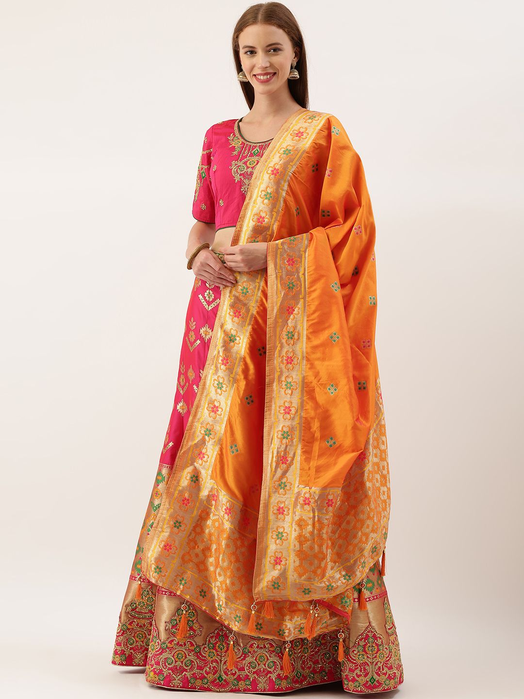 Kvsfab Pink & Gold-Toned Embroidered Semi-Stitched Lehenga & Unstitched Blouse with Dupatta