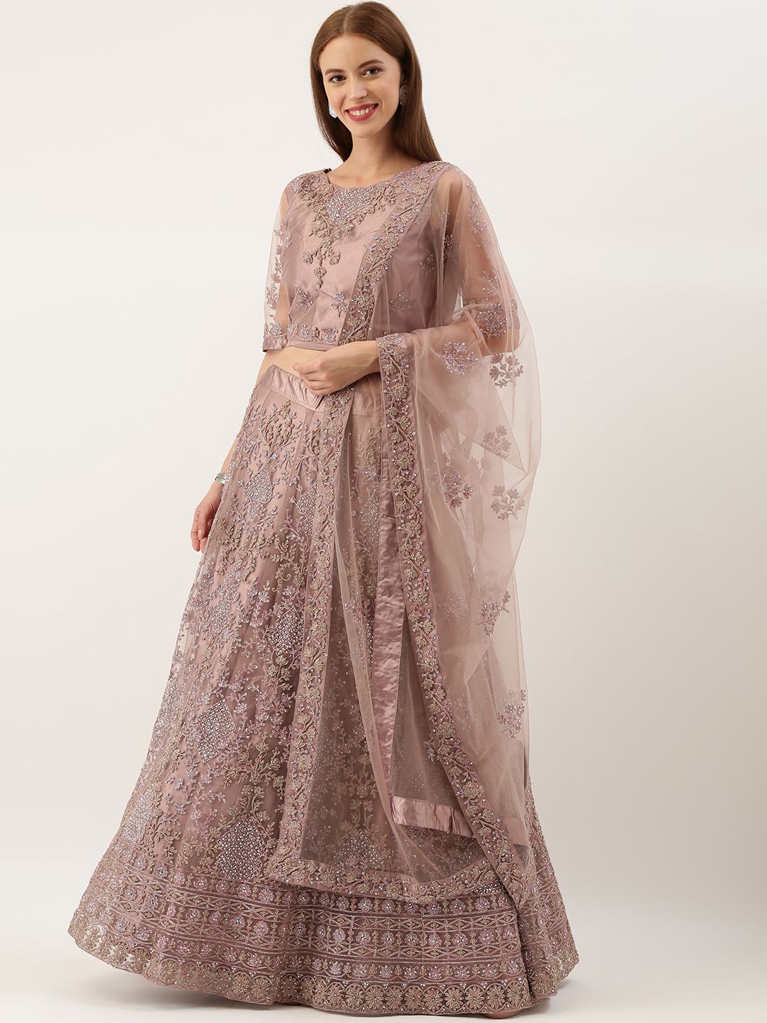 Kvsfab Mauve Embroidered Semi-Stitched Lehenga & Blouse with Dupatta