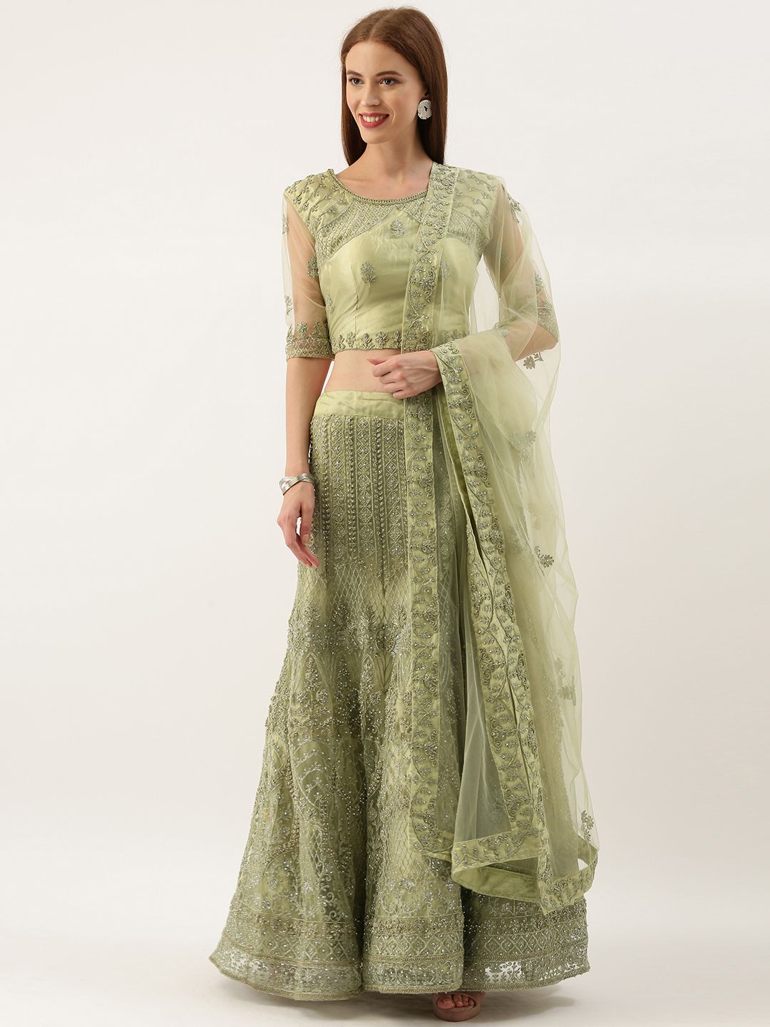 Kvsfab Green Embroidered Semi-Stitched Lehenga & Unstitched Blouse with Dupatta