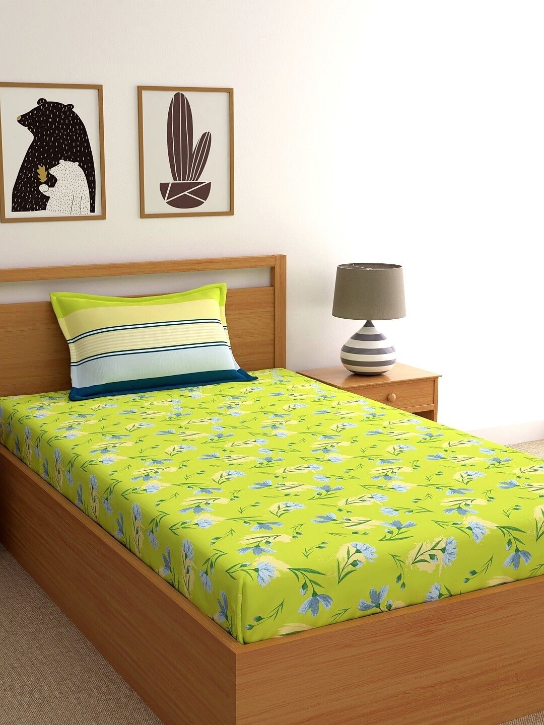 Dreamscape Green Floral 144 TC Cotton 1 Single Bedsheet with 1 Pillow Covers Price in India