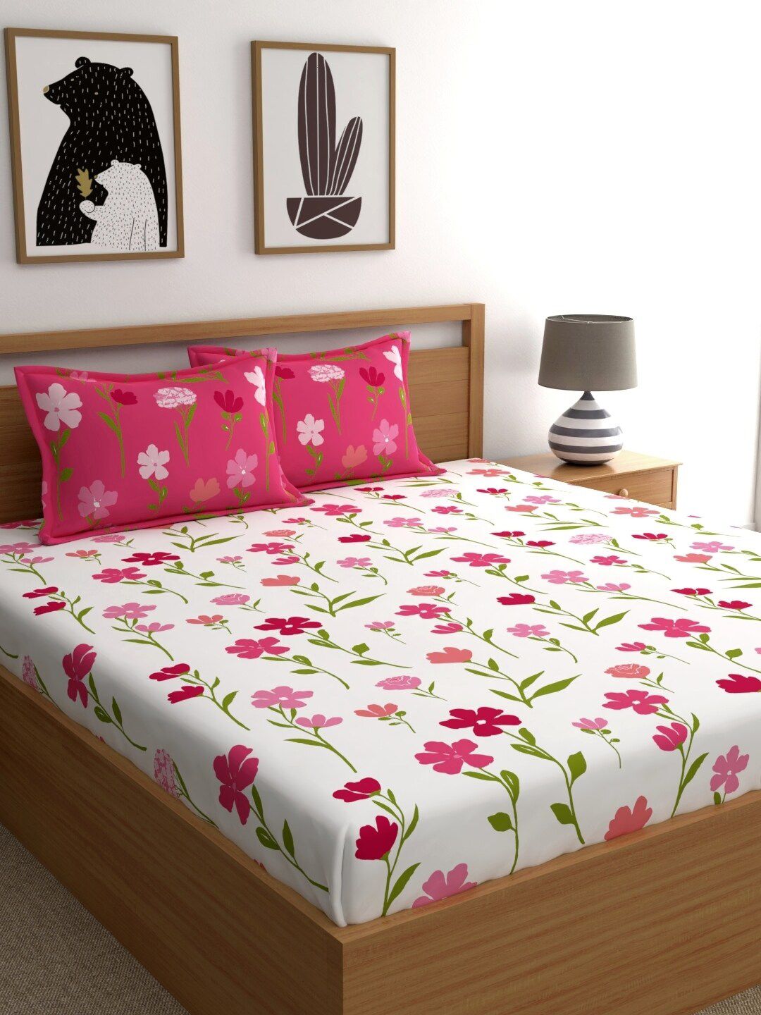 Dreamscape Pink  White Floral 180 TC Cotton 1 Queen Bedsheet with 2 Pillow Covers Price in India