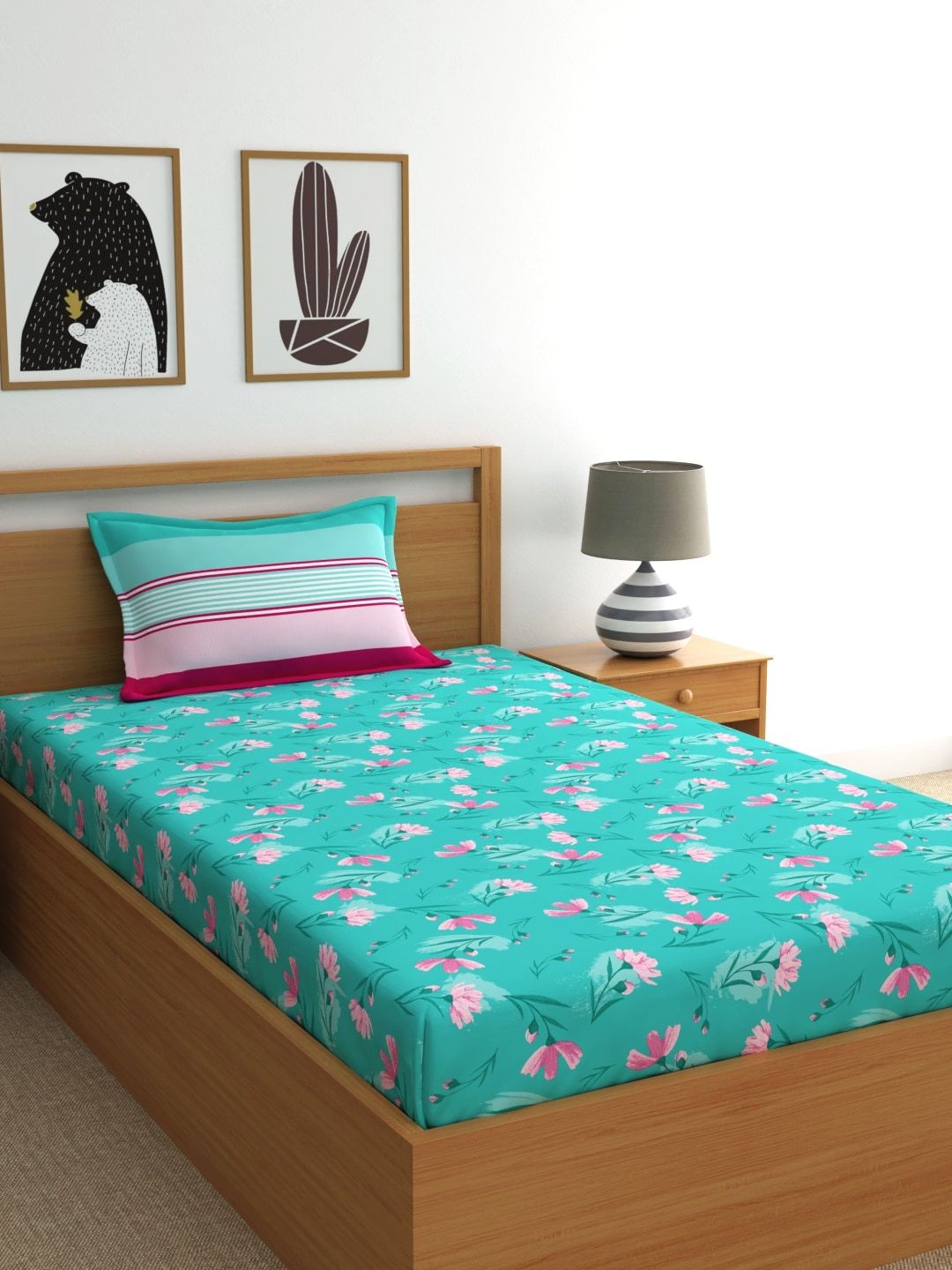 Dreamscape Blue  Pink Floral 144 TC Cotton 1 Single Bedsheet with 1 Pillow Covers Price in India