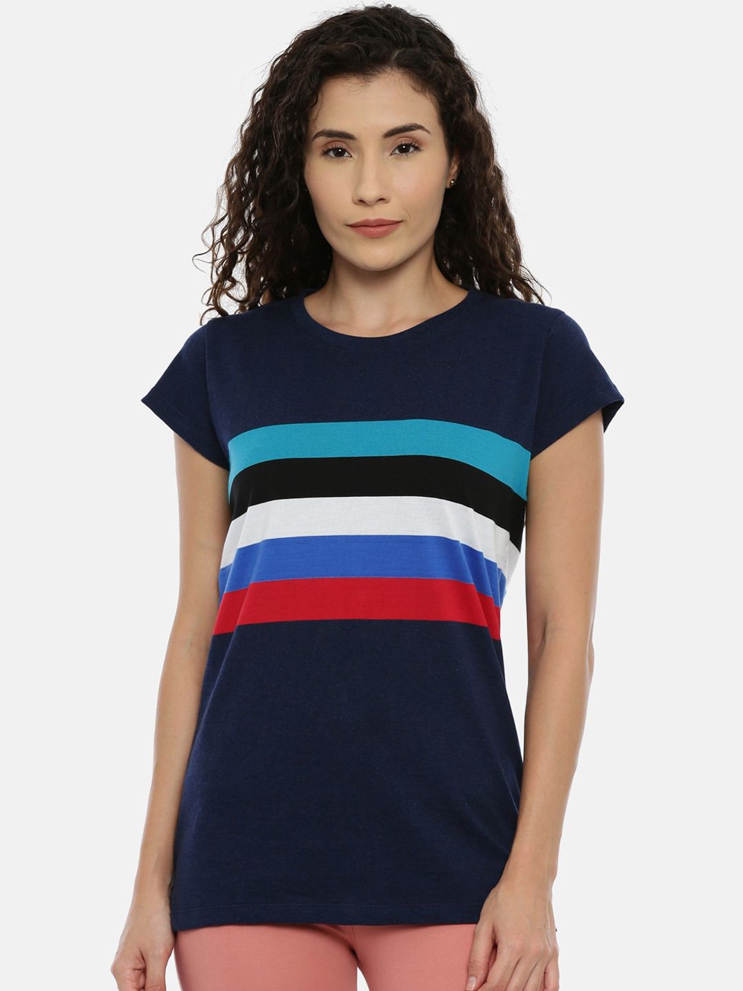 GOLDSTROMS Women Navy & Red Striped Round Neck T-shirt