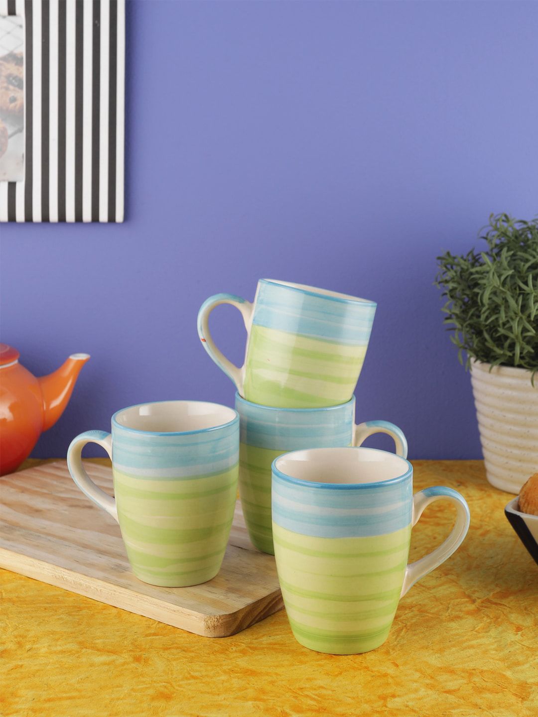 VarEesha Green & Blue 4-Pieces Printed Ceramic Mugs Set 220 ml each Price in India