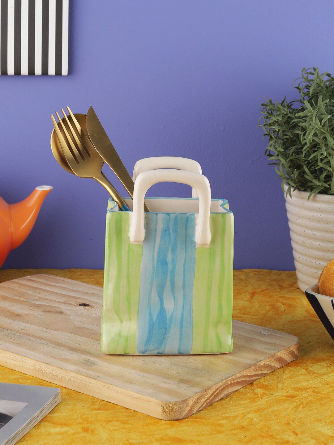 VarEesha Green & Blue Ceramic Cutlery Basket Holder Price in India