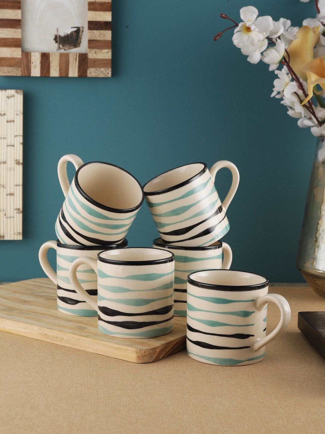 VarEesha Off-White 6-Pieces Printed Ceramic Cups Set Price in India