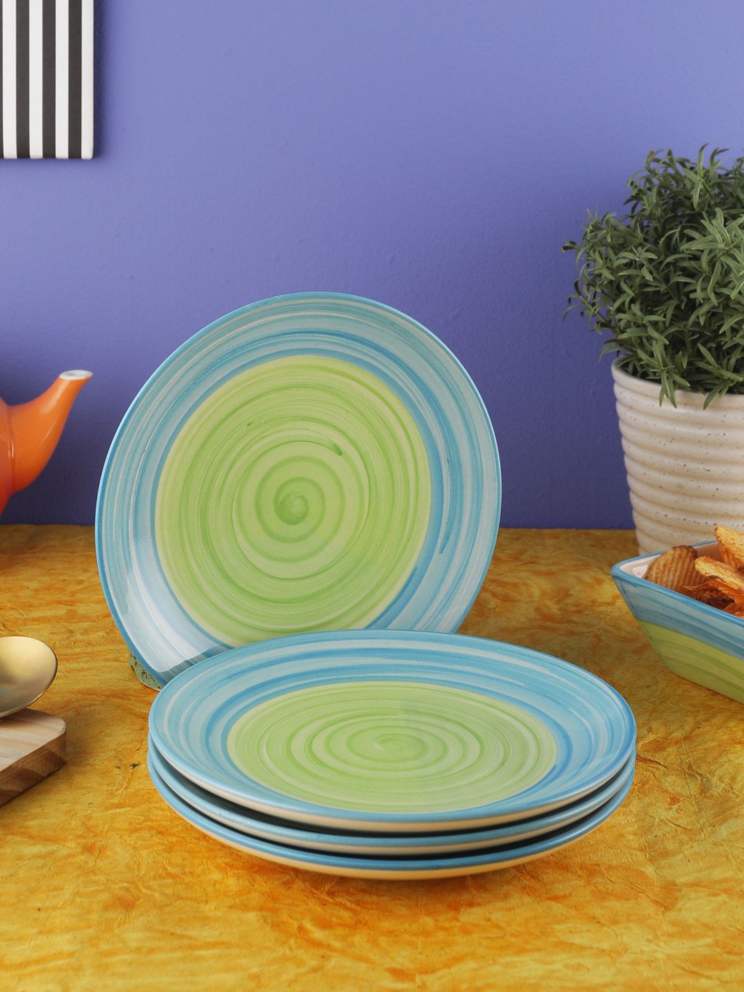 VarEesha Green & Blue 4-Pieces Solid Ceramic Plates Set Price in India