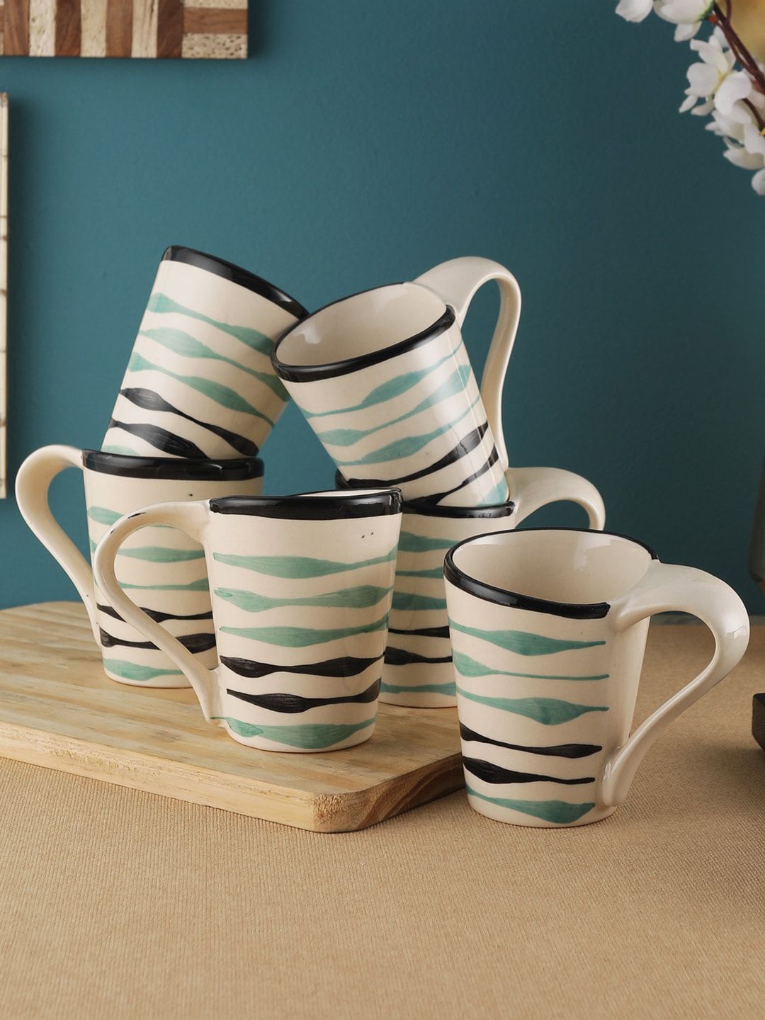 VarEesha Off-White & Green Printed 6-Pieces Ceramic Coffee Mug Set Price in India