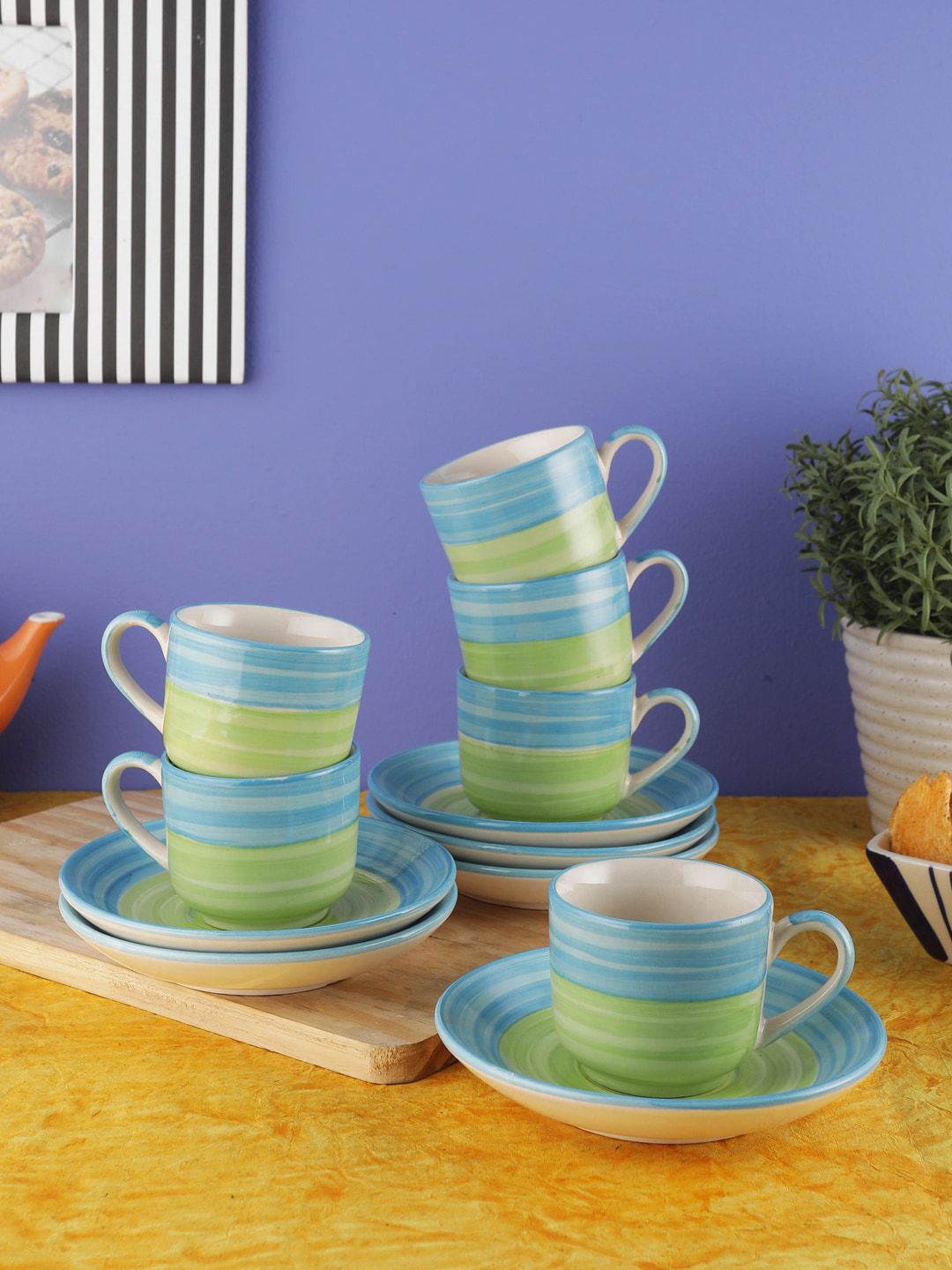 VarEesha Green & Blue 6-Pieces Printed Ceramic Cups and Saucers Set Price in India