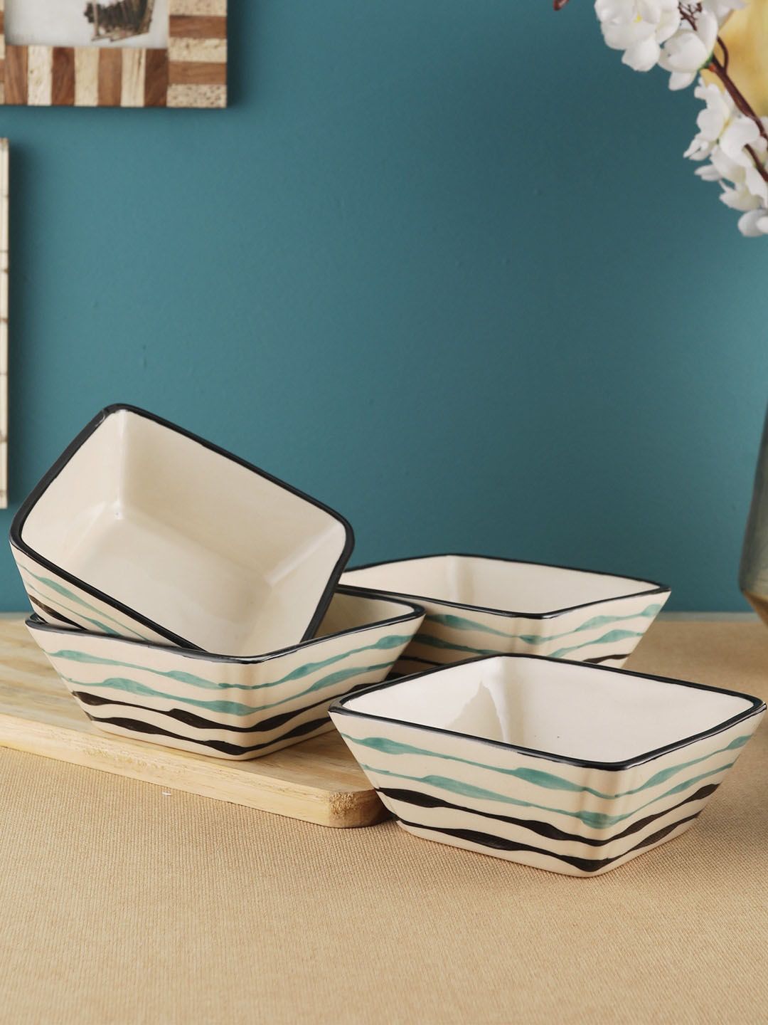 VarEesha Off-White 4-Pieces Printed Ceramic Bowls Set Price in India