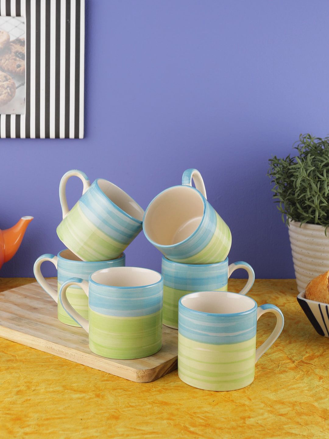 VarEesha Green & Blue 6-Pieces Printed Ceramic Cups Set 150 ml each Price in India