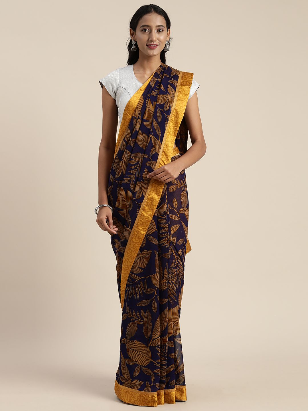 Satrani Navy Blue & Mustard Yellow Pure Georgette Floral Printed Saree