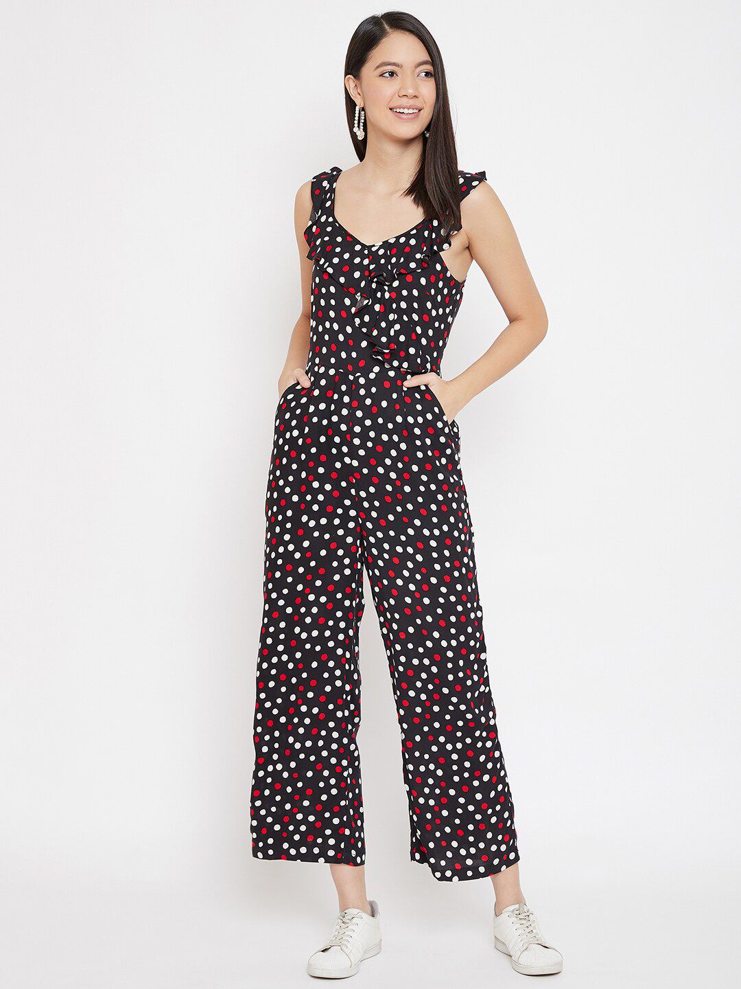 Femella Women Black & White Polka Dot Printed Basic Jumpsuit Price in India