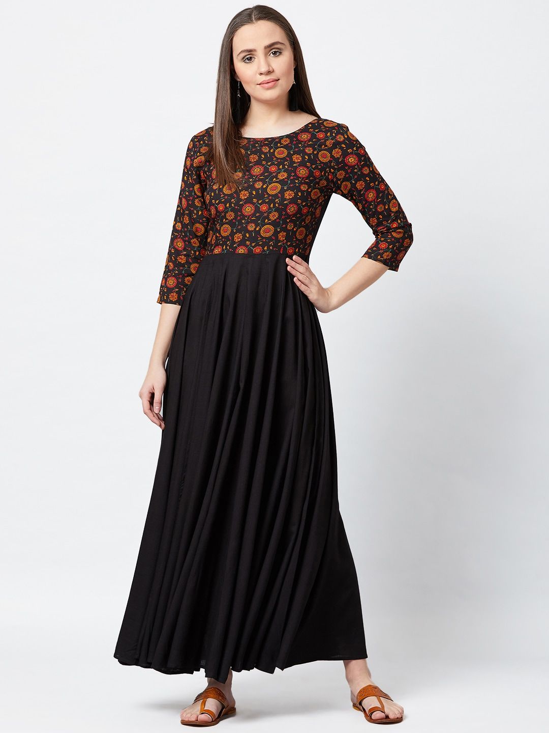 PANIT Women Black & Rust Kalamkari Floral Printed Maxi Dress Price in India