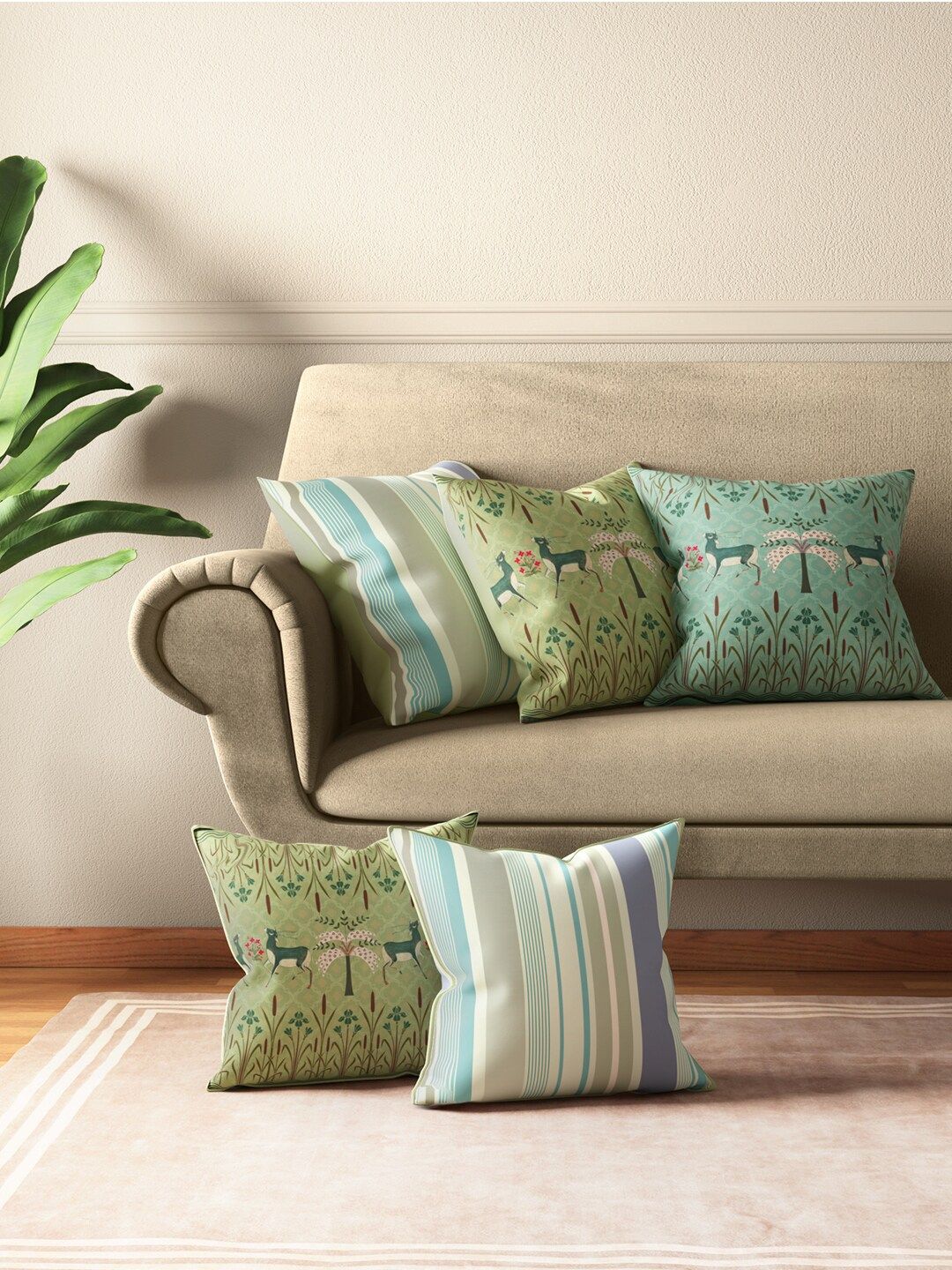 India Circus by Krsnaa Mehta Green & Blue Set of 5 Striped Square Cushion Covers Price in India