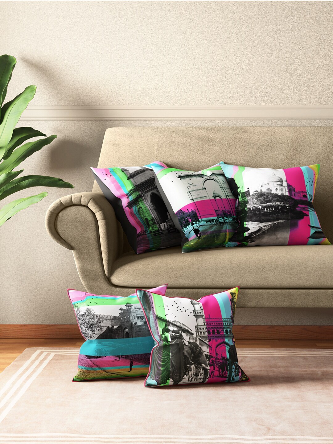 India Circus by Krsnaa Mehta Pink & Black Set of 5 Quirky Square Cushion Covers Price in India