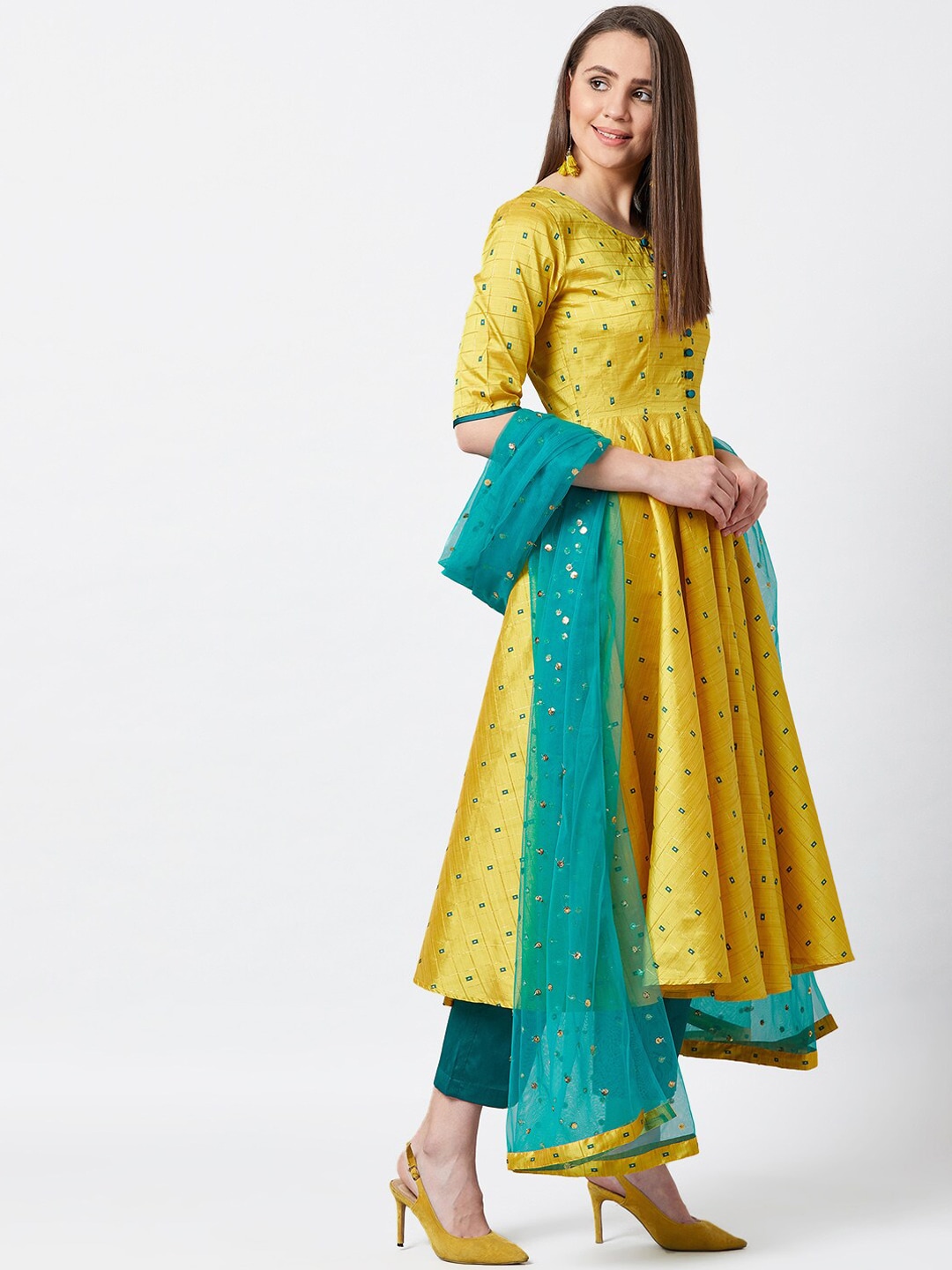 PANIT Women Yellow Pleated Thread Work Kurta with Palazzos & With Dupatta Price in India