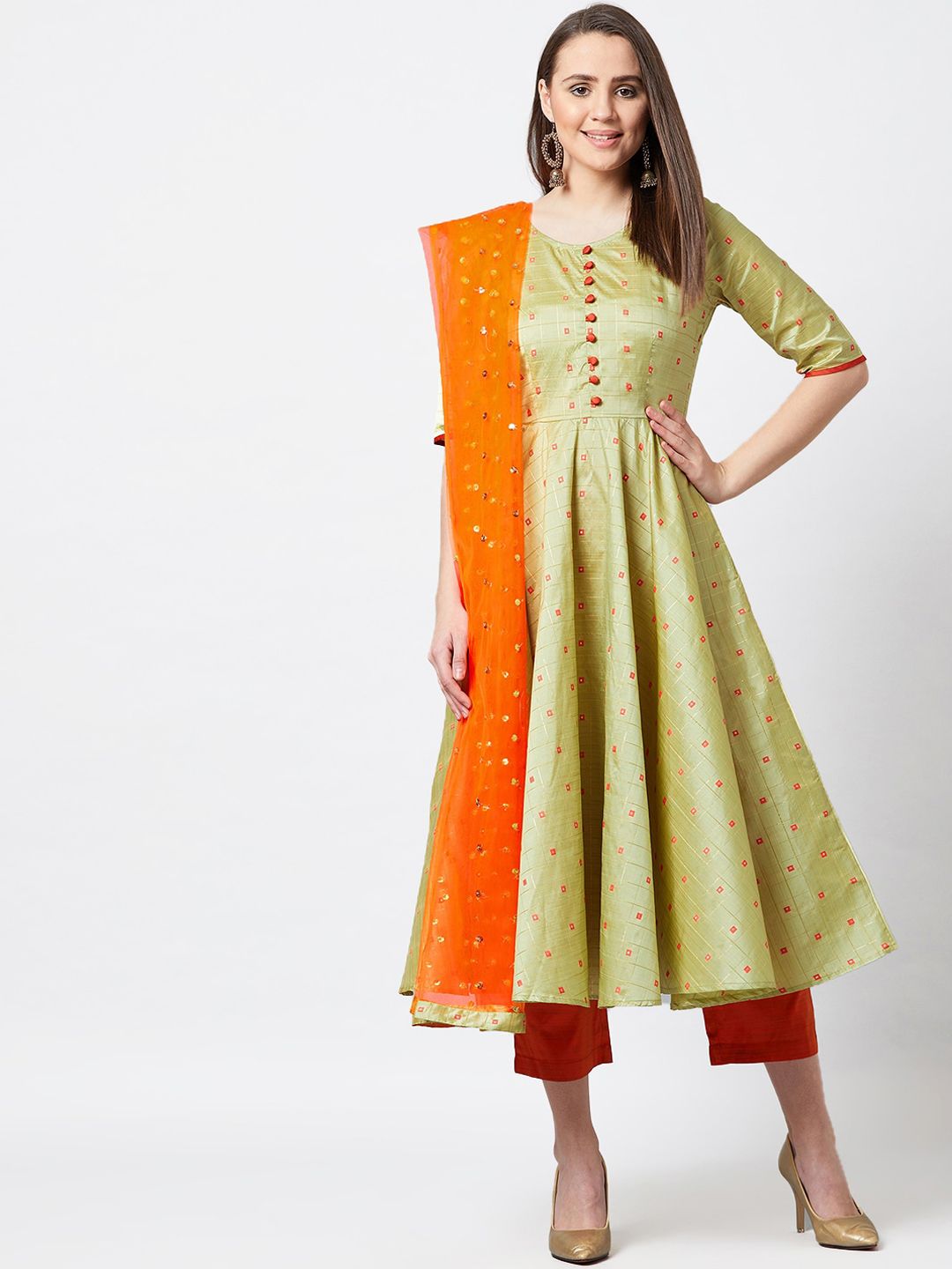 PANIT Women Olive Green & Coral Red Embroidered Kurta with Trousers & Dupatta Price in India