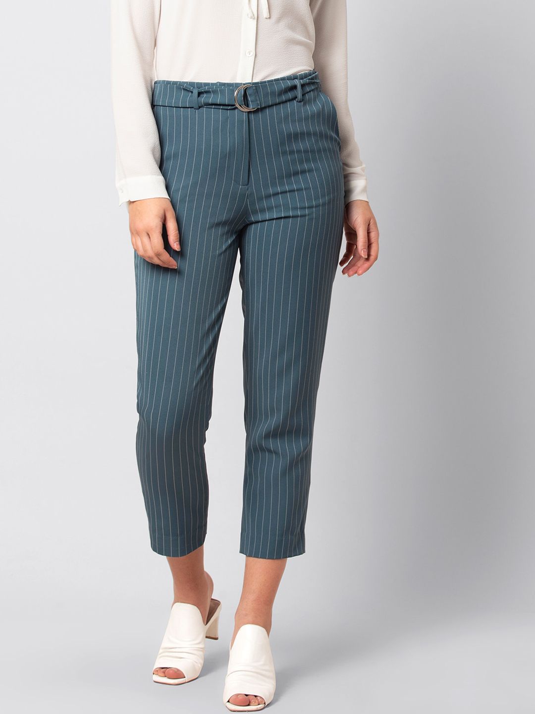 FabAlley Women Grey Regular Fit Striped Regular Trousers