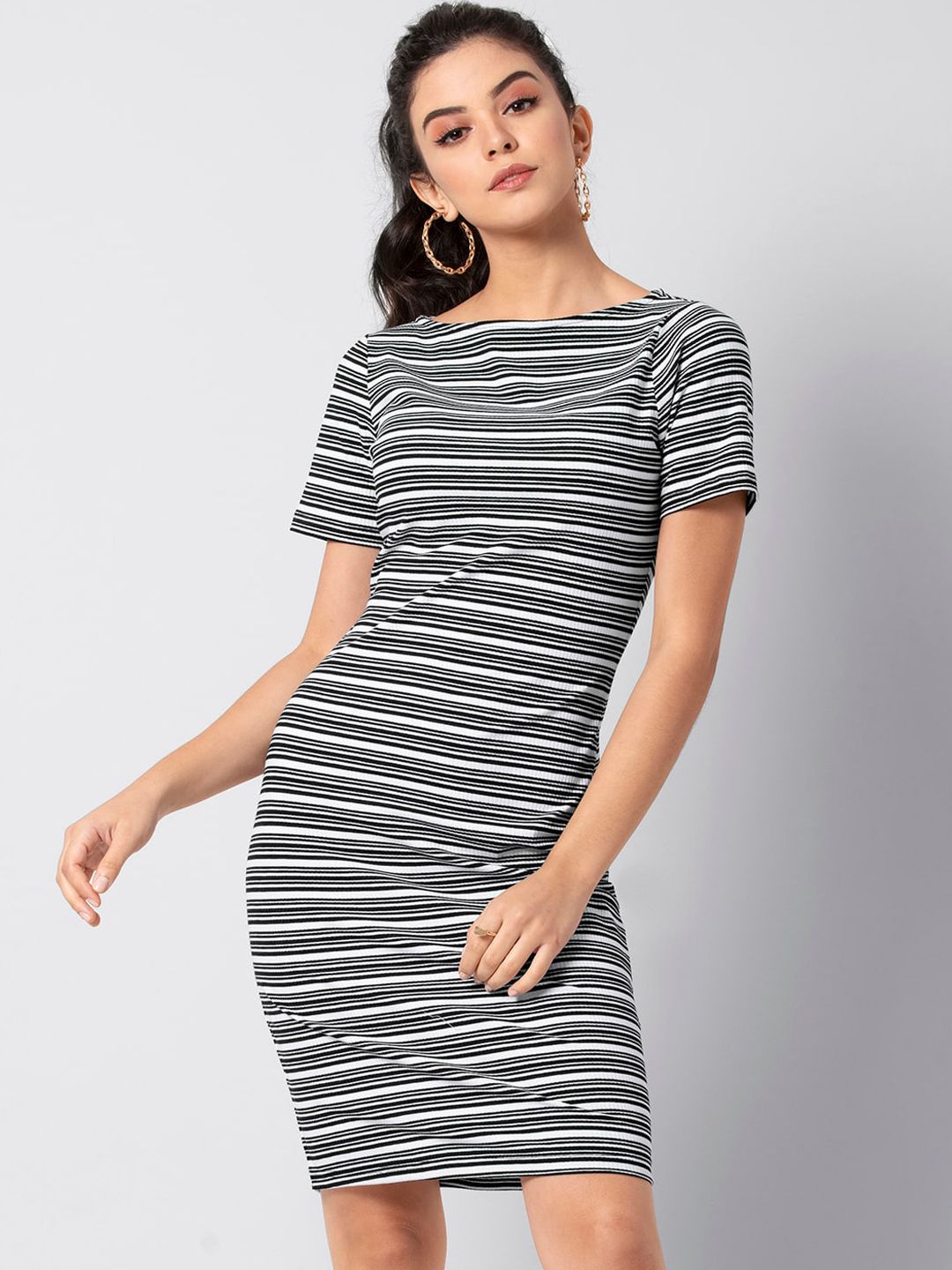 FabAlley Women Black & White Striped Bodycon Dress