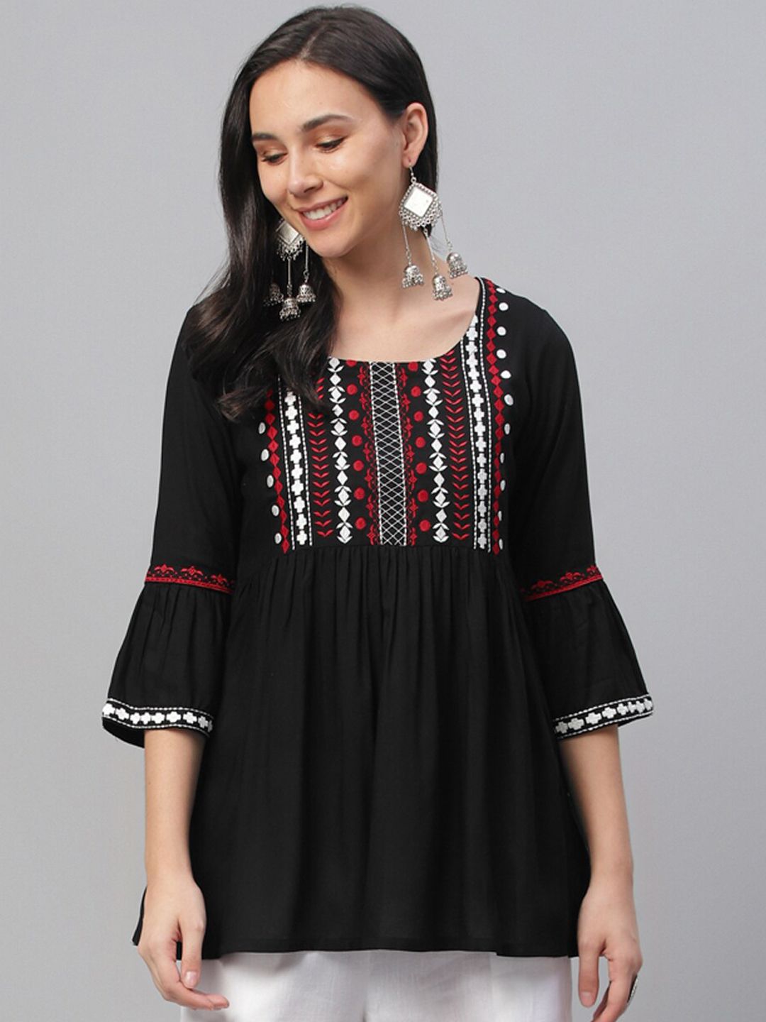 Libas Women Black & Red Embroidered A-Line Kurti Price in India
