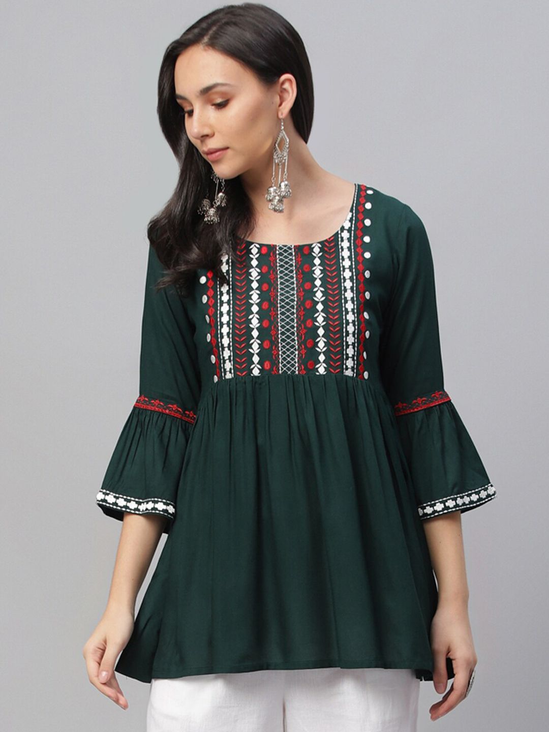 Libas Women Green & Red Embroidered A-Line Kurti Price in India