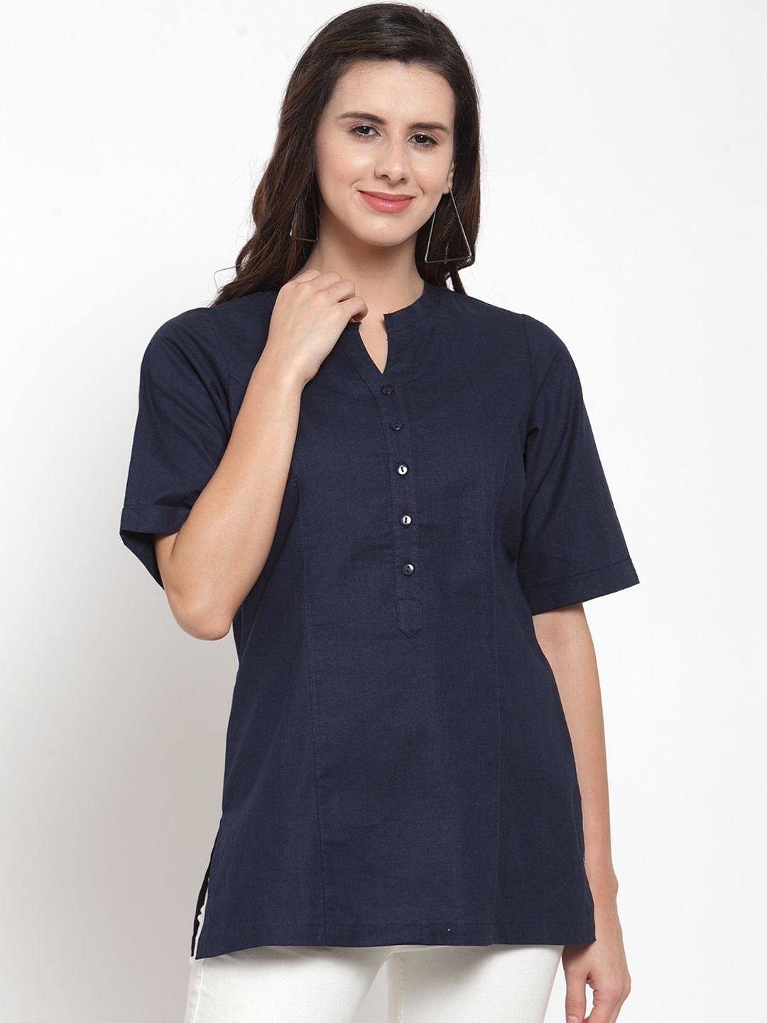Ayaany Women Navy Blue Solid Shirt Style Pure Cotton Top