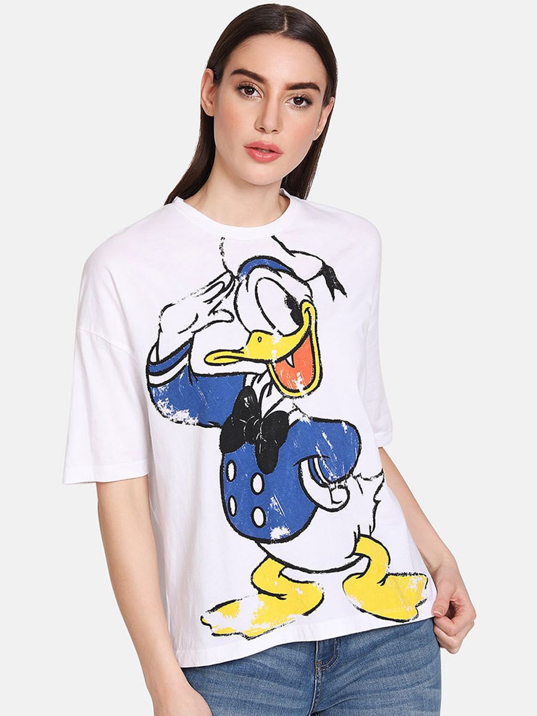 Kazo Women White & Blue Donald Duck Print Round Neck T-shirt