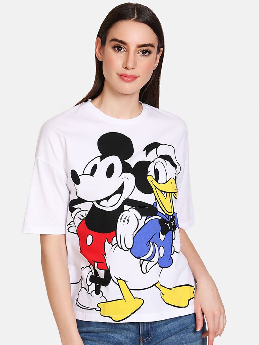 Kazo Women White & Black Mickey & Donald Printed Round Neck T-shirt