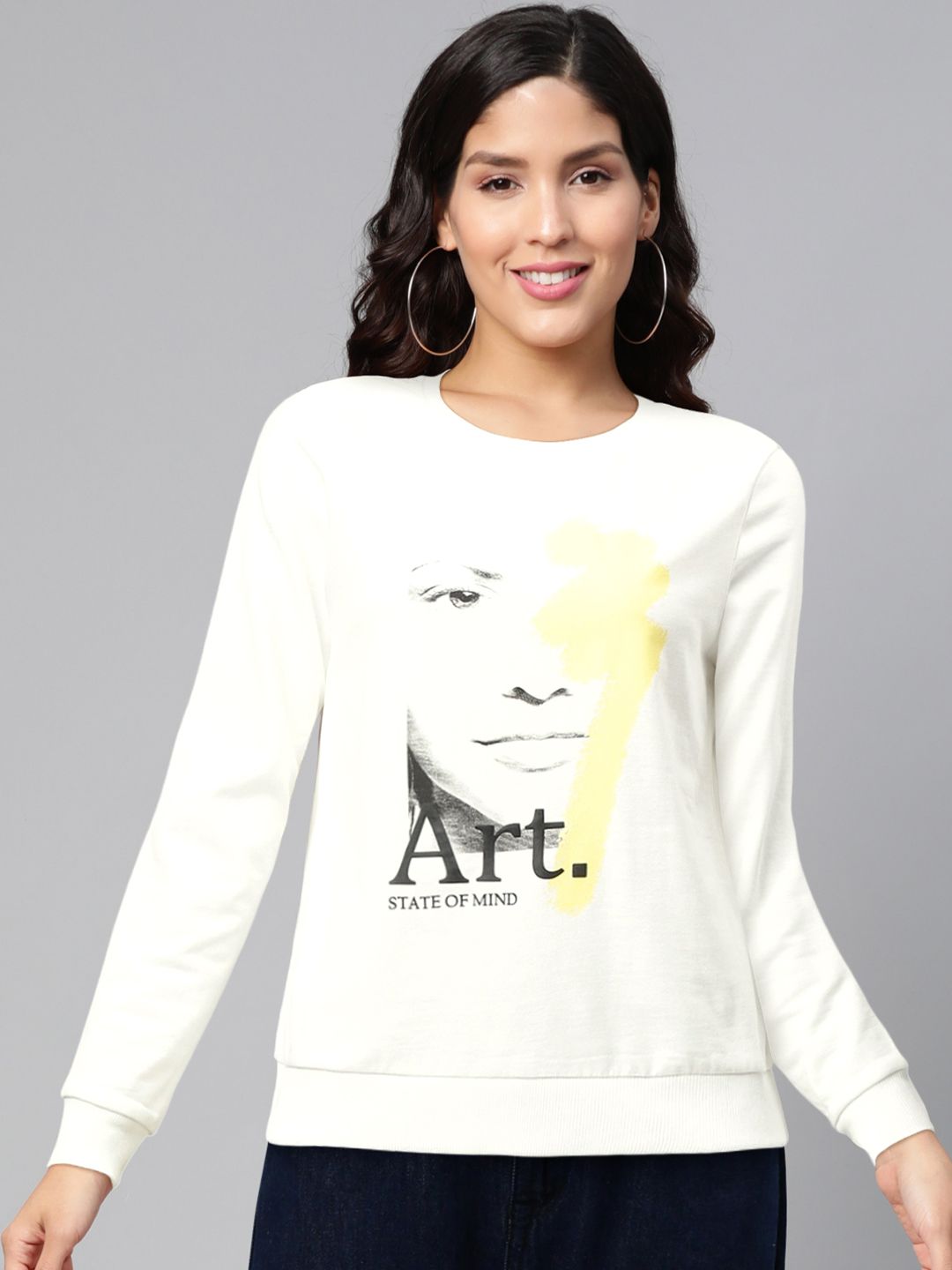 Vero Moda Women White & Yellow Printed Sweatshirt Price in India