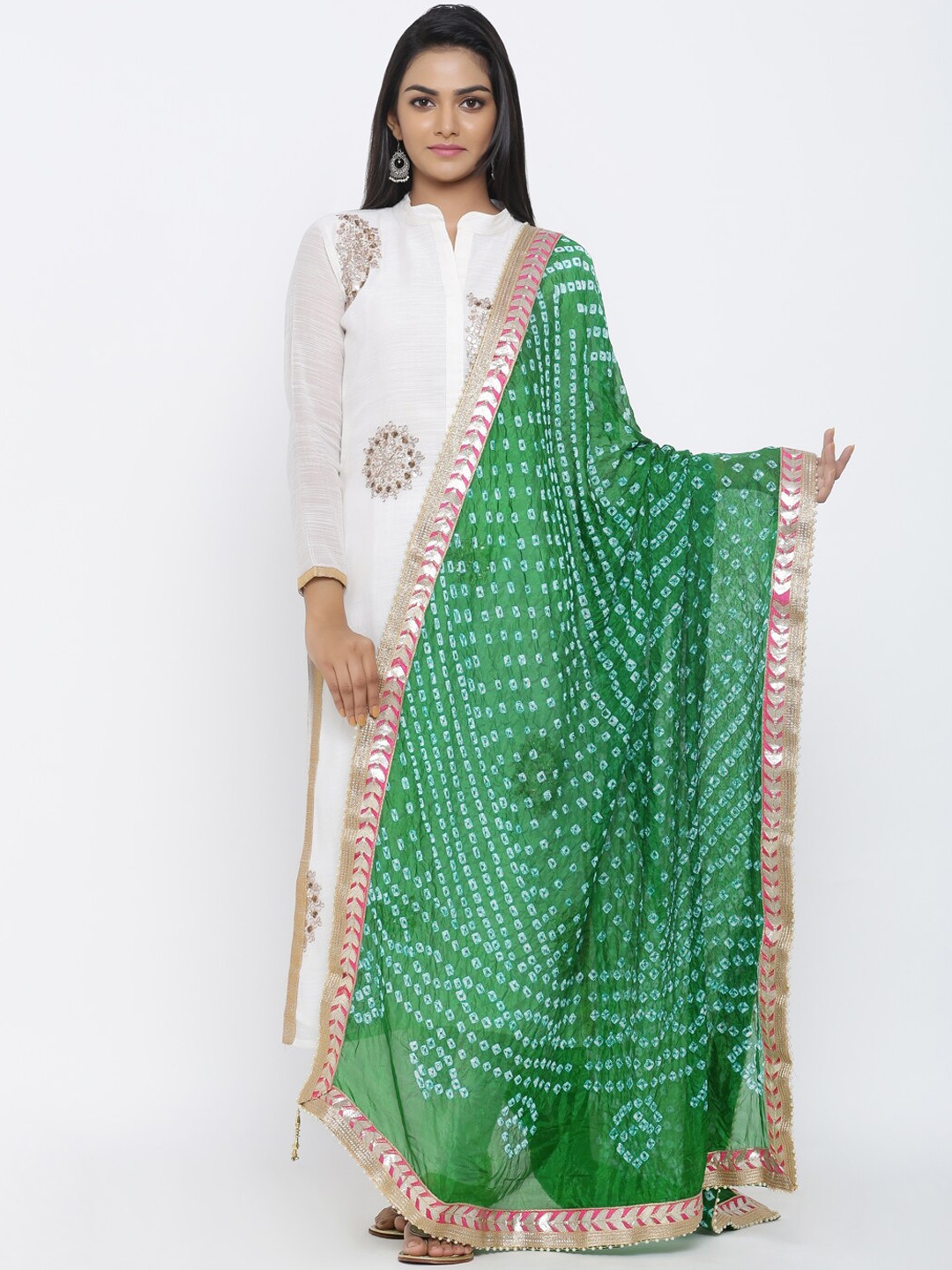 SOUNDARYA Green & White Bandhani Printed Dupatta Price in India