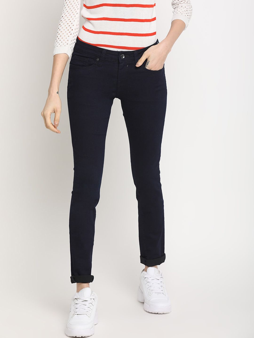 Pepe Jeans Women Navy Blue Regular Fit Mid-Rise Clean Look Jeans Price in India