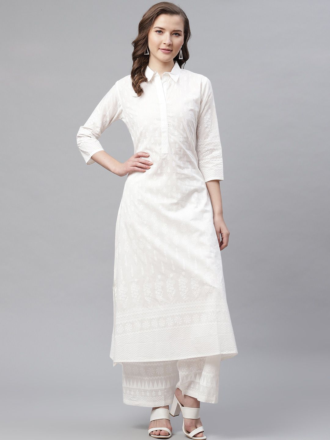 Divena Women White Printed Shirt Kurta with Palazzos Price in India