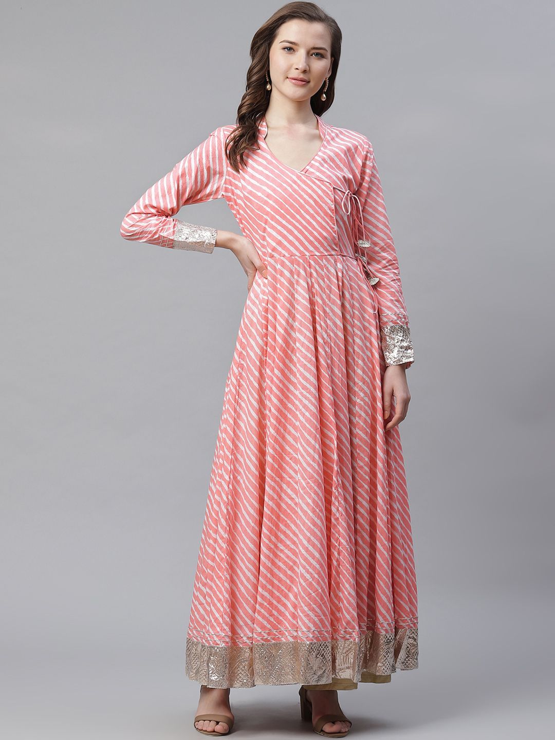 Divena Women Pink & White Leheriya Print Angrakha Anarkali Kurta Price in India