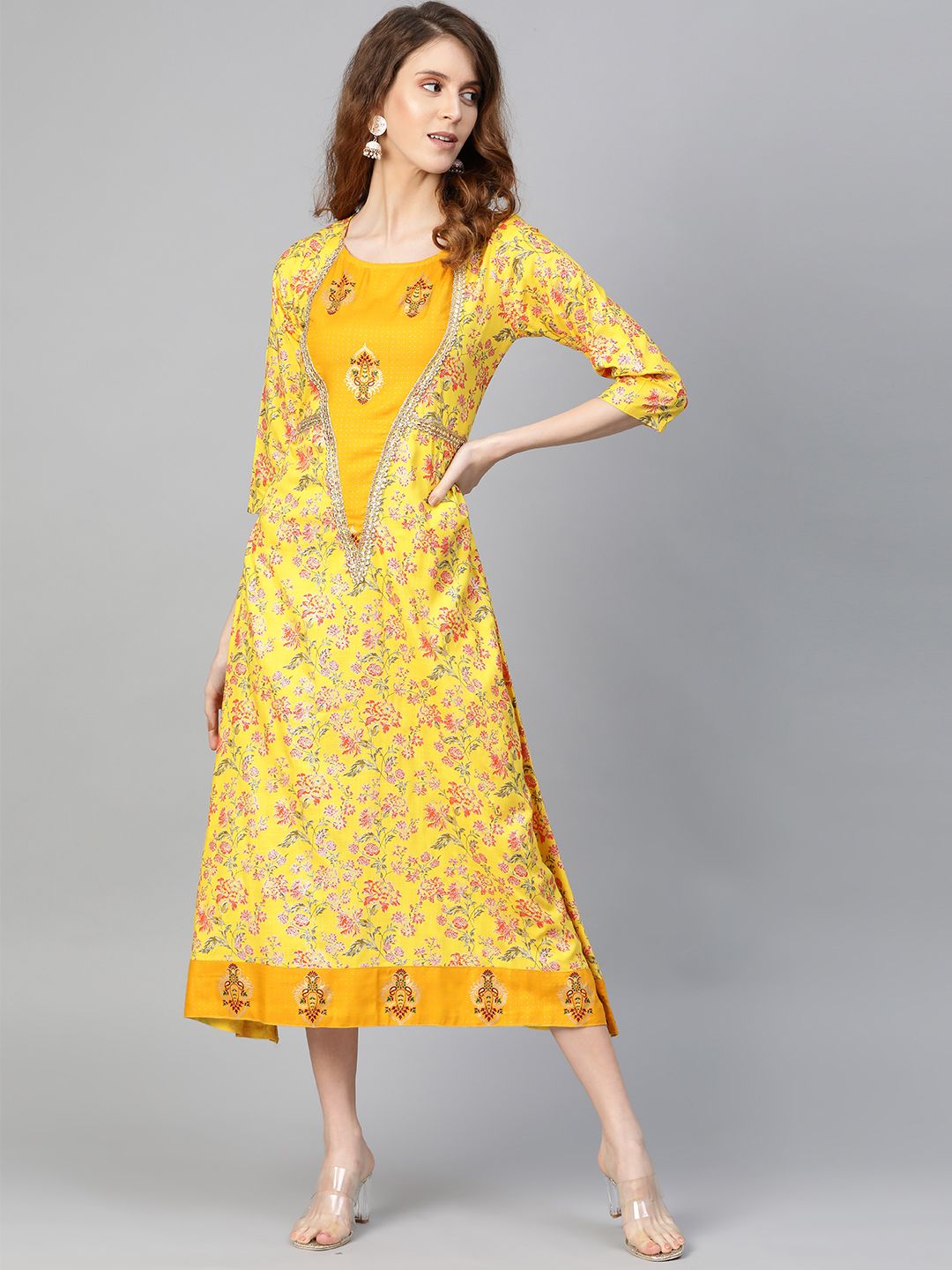 Myshka Women Yellow & Pink Printed A-Line Dress Price in India