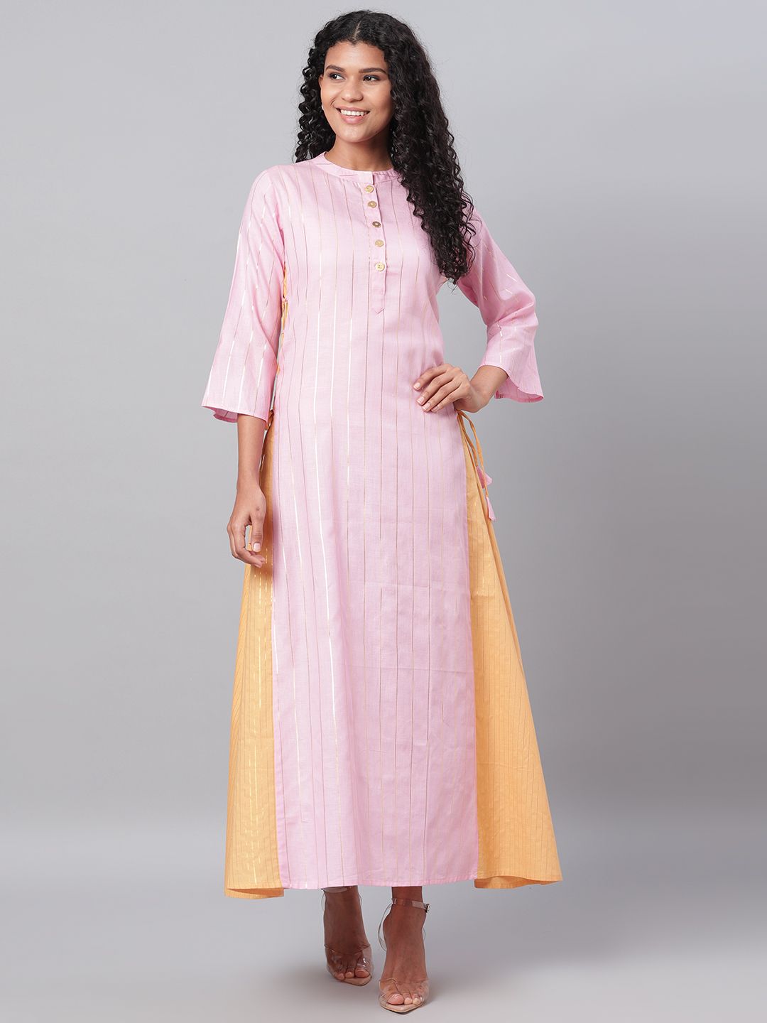 Myshka Women Pink & Golden Striped Maxi Dress Price in India