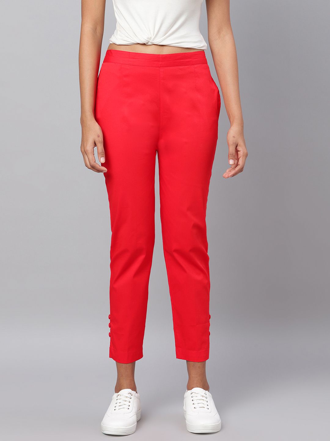 Myshka Women Red Regular Fit Solid Cropped Trousers Price in India